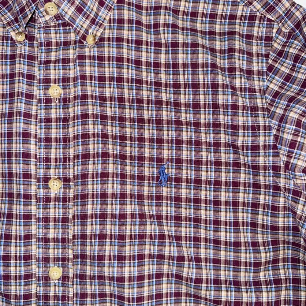 Ralph Lauren Mens L Plaid Button Down‎ Shirt Burgundy Blue Long Sleeve Pony Logo
